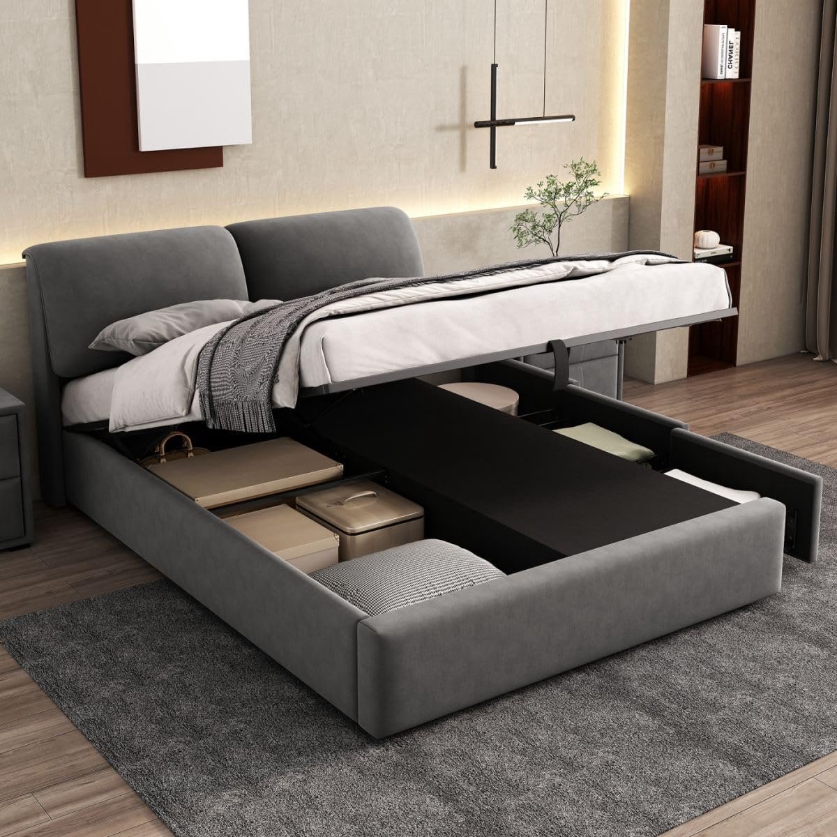 Luxe Gestoffeerd Tweepersoonsbed 140x200 cm met Hoofdbord en Opbergruimte | Inclusief Lattenbodem