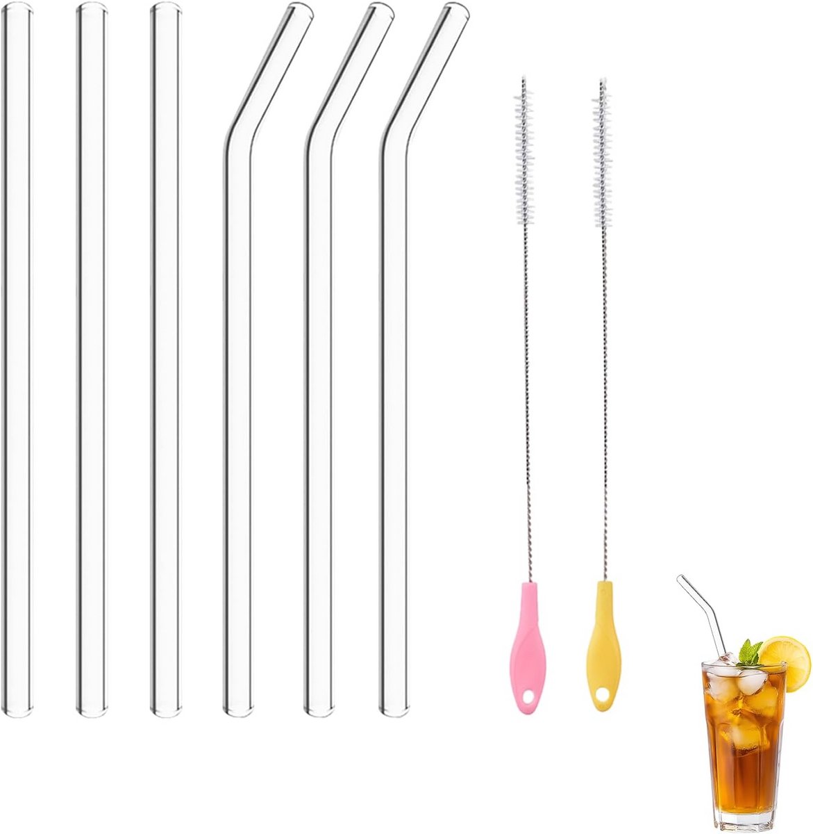 Set van 6 Herbruikbare Glazen Rietjes - Gebogen & Rechte - Inclusief Borstels