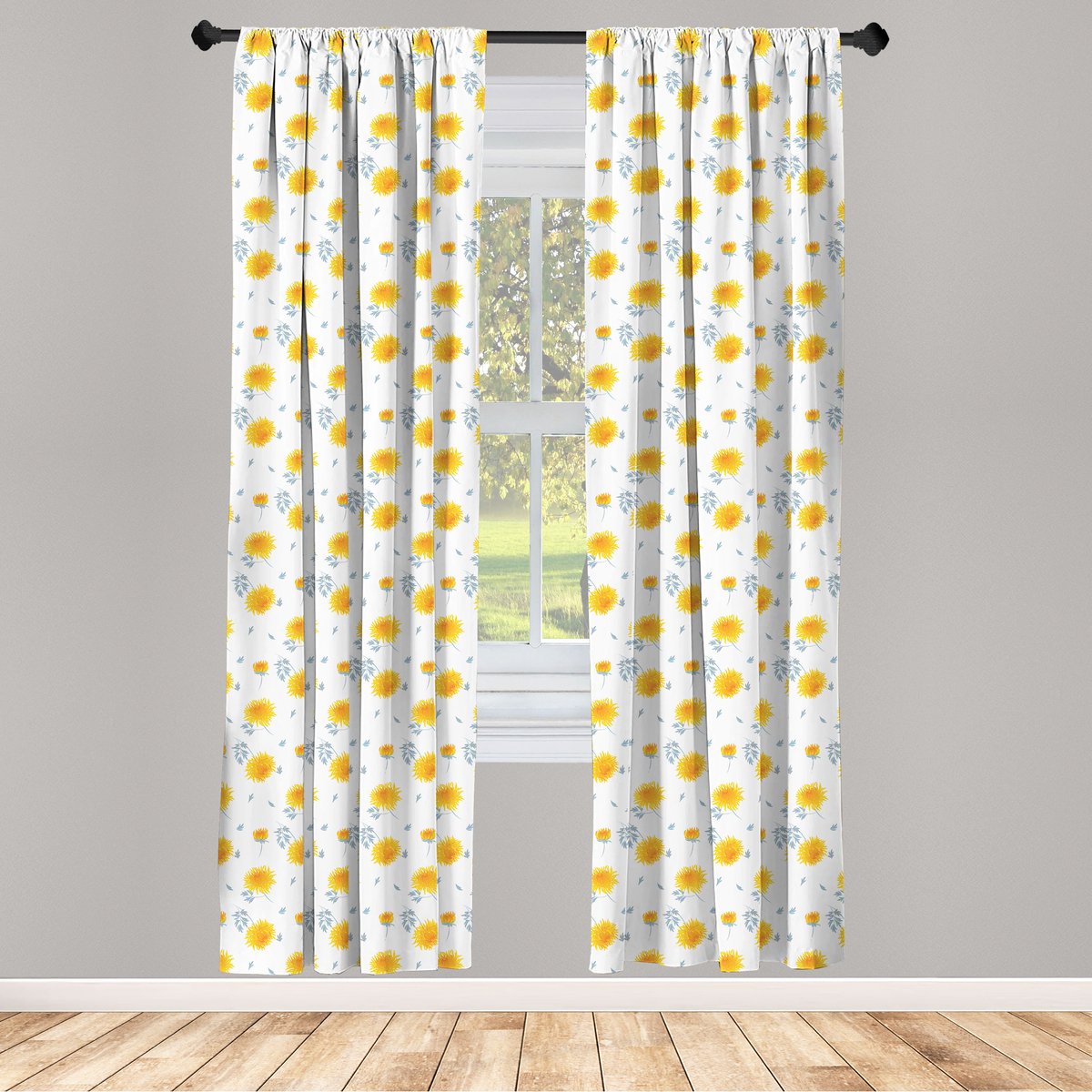 ABAKUHAUS Gele Bloemen Raamgordijnen – 2-Paneel Set – Halbdonker – Stangentasche – 75x245 cm – Mustard/Pale Grau