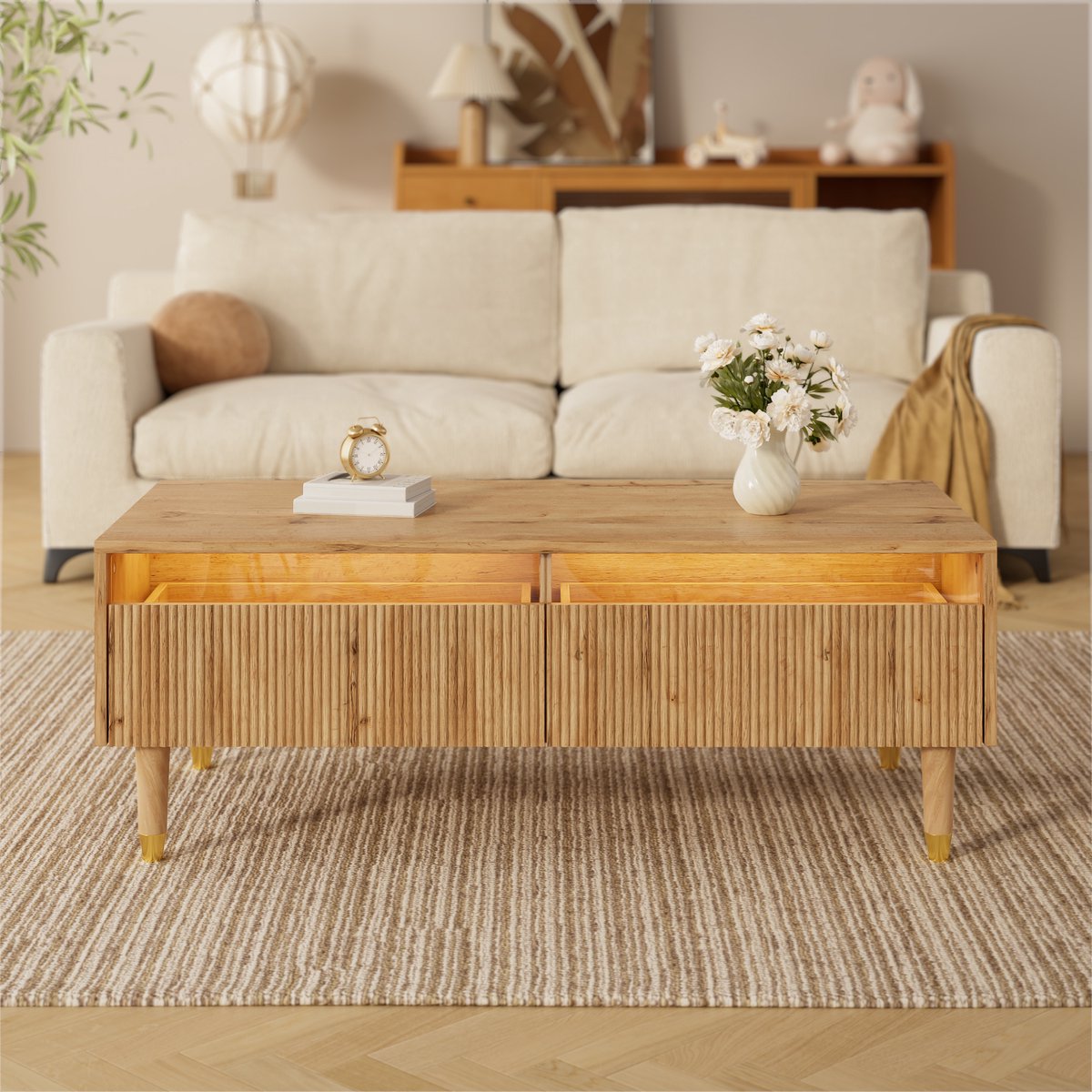 REDOM Salontafel 110x50x40 cm van MDF en massief hout, golvende ladefronten en 7-kleurige LED-verlichting