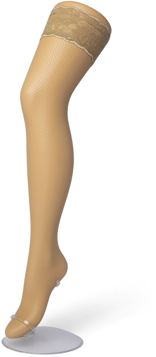 Bonnie Doon Dames Hold Up met Subtiele Visnet maat L/XL Beige - Brede Band met Siliconen - Fishnet Hold Up - Zakt niet af - Panty zonder Broekje - Siliconenrand - Blijven Perfect Plakken - Netpanty Kousen - Huidskleur - Nude - BP201702.297