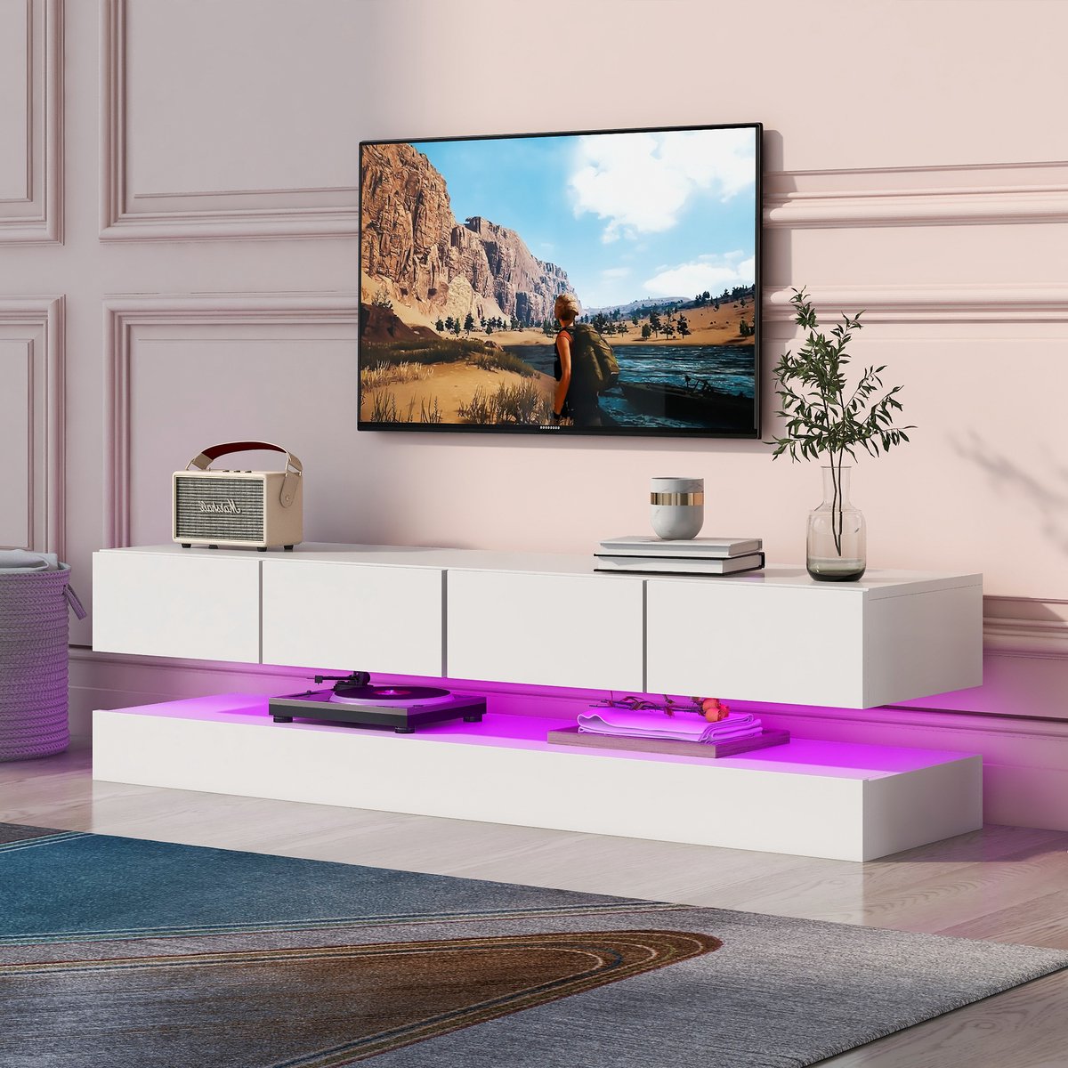 OKWISH TV-meubel – Wandgemonteerd – 2 kasten + 4 lades – Met LED-App bediening en USB – Modern zwevend opbergruimte – MDF Wit – 130x33x15 cm