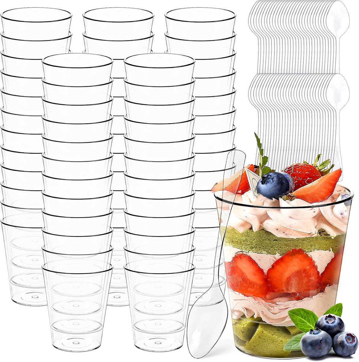 60 Stuks Mini Dessert- en Puddingbekers (55 ml) met Lepels voor Feestjes en Evenementen