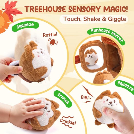 Sensorisch Pluche Boomhut Speelgoed met Eekhoorns, Rammelaar en Spiegel voor Baby's 6-12 Maanden — afbeelding 3