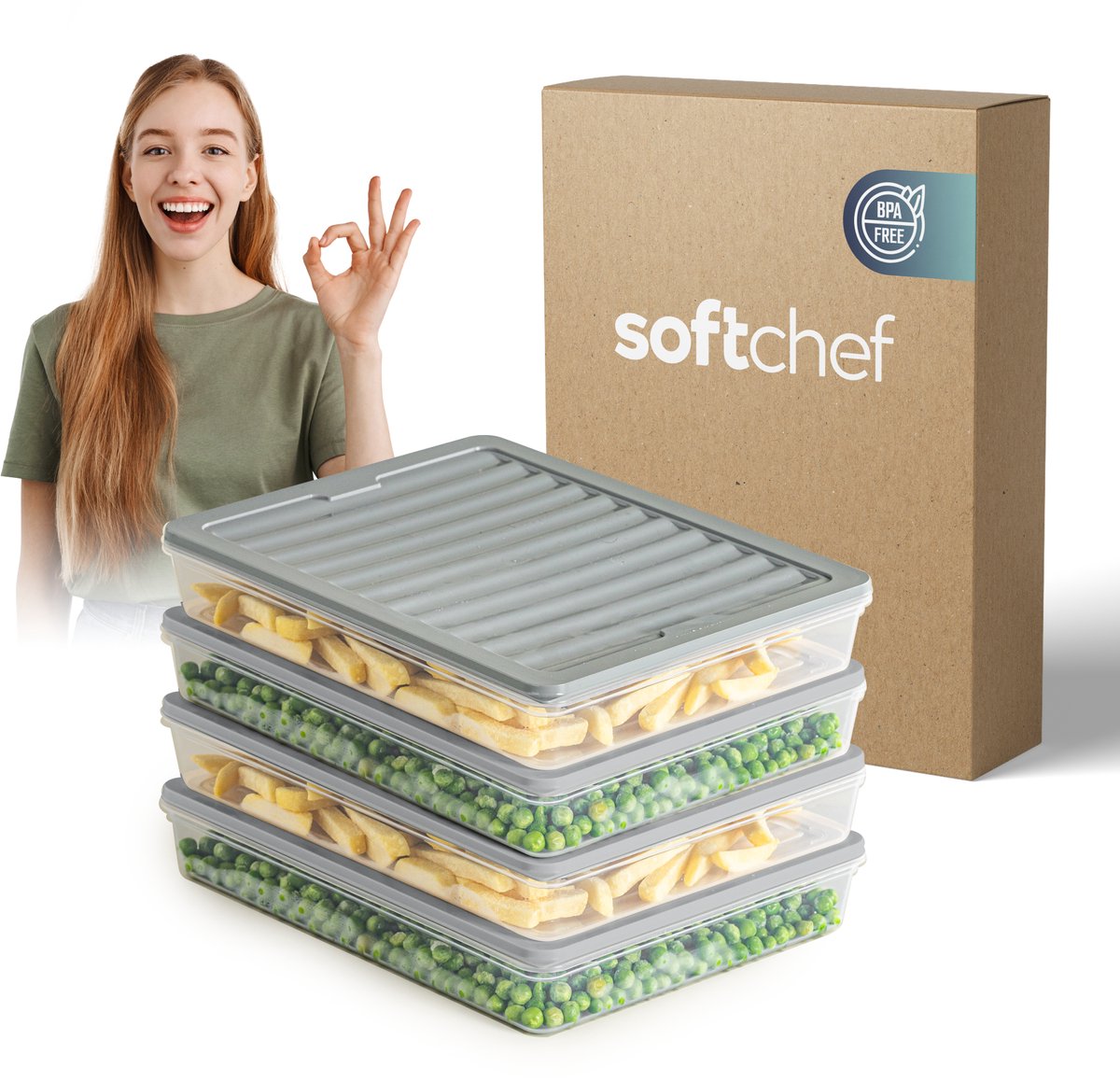 Soft Chef Fresh Box 4-delige voedselbewaarset (4 × 2400 ml) – BPA-vrij, luchtdicht, lekvrij, magnetron-, vaatwasser- & vriezerbestendig – Met grijze deksels