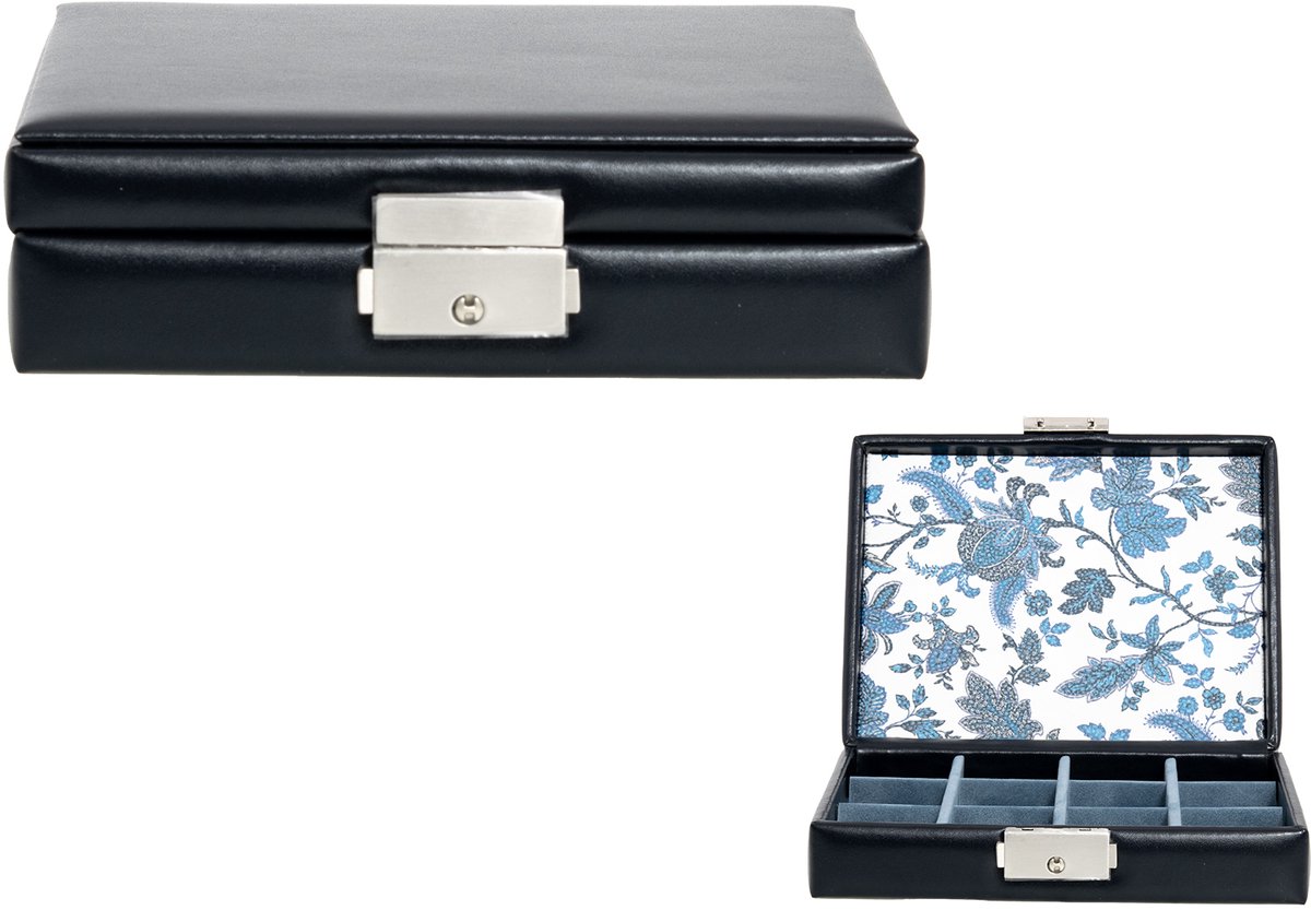 Cavill - Luxe Sieradenkoffer - Zwart Leer - Bloemenprint Organizer - Compacte Reiskoffer voor Ringen Oorbellen Armbanden - Duurzaam & Stijlvol