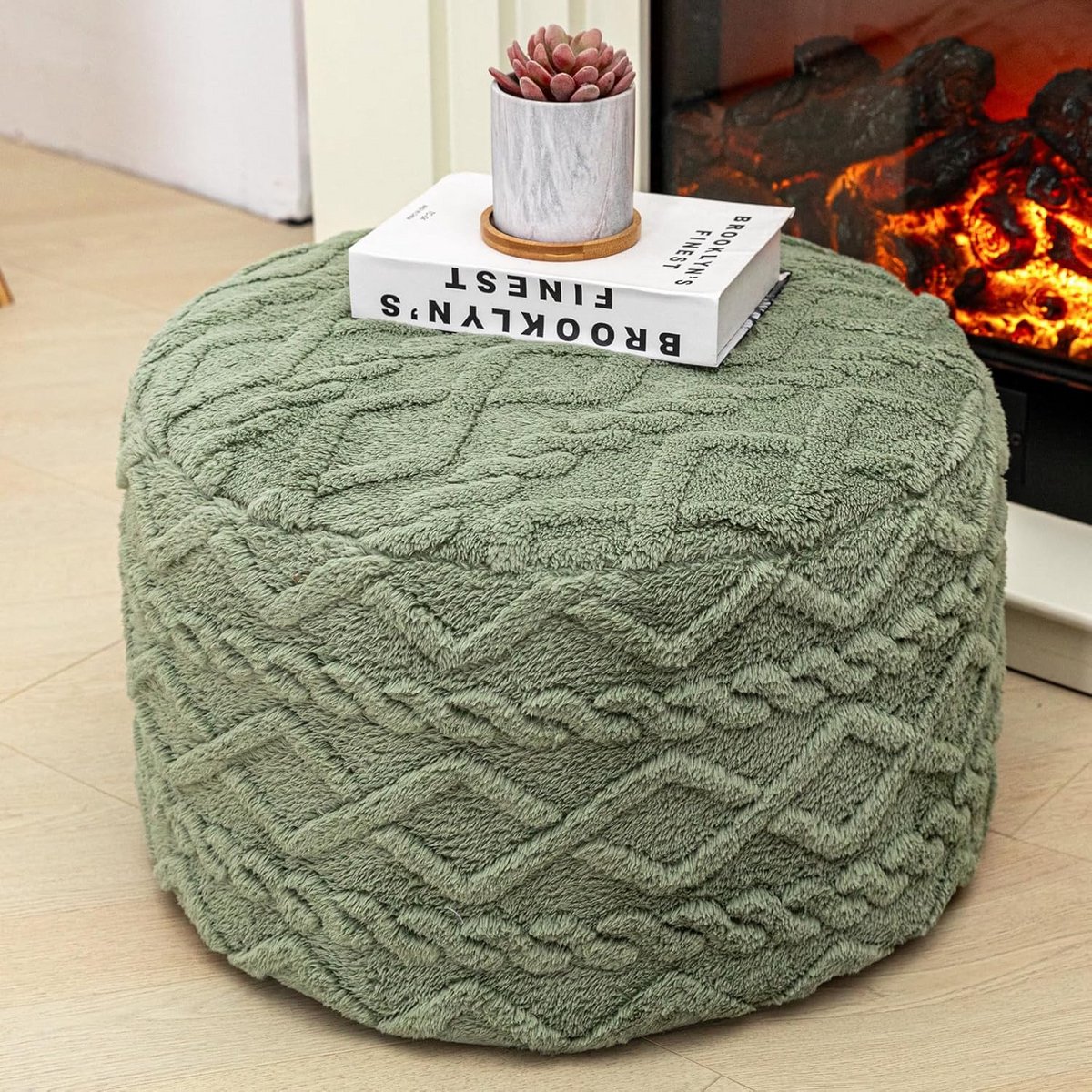 Ronde Ottomane Poef & Voetenbank Lichtgroen 50x30 cm - Zachte Zitplek