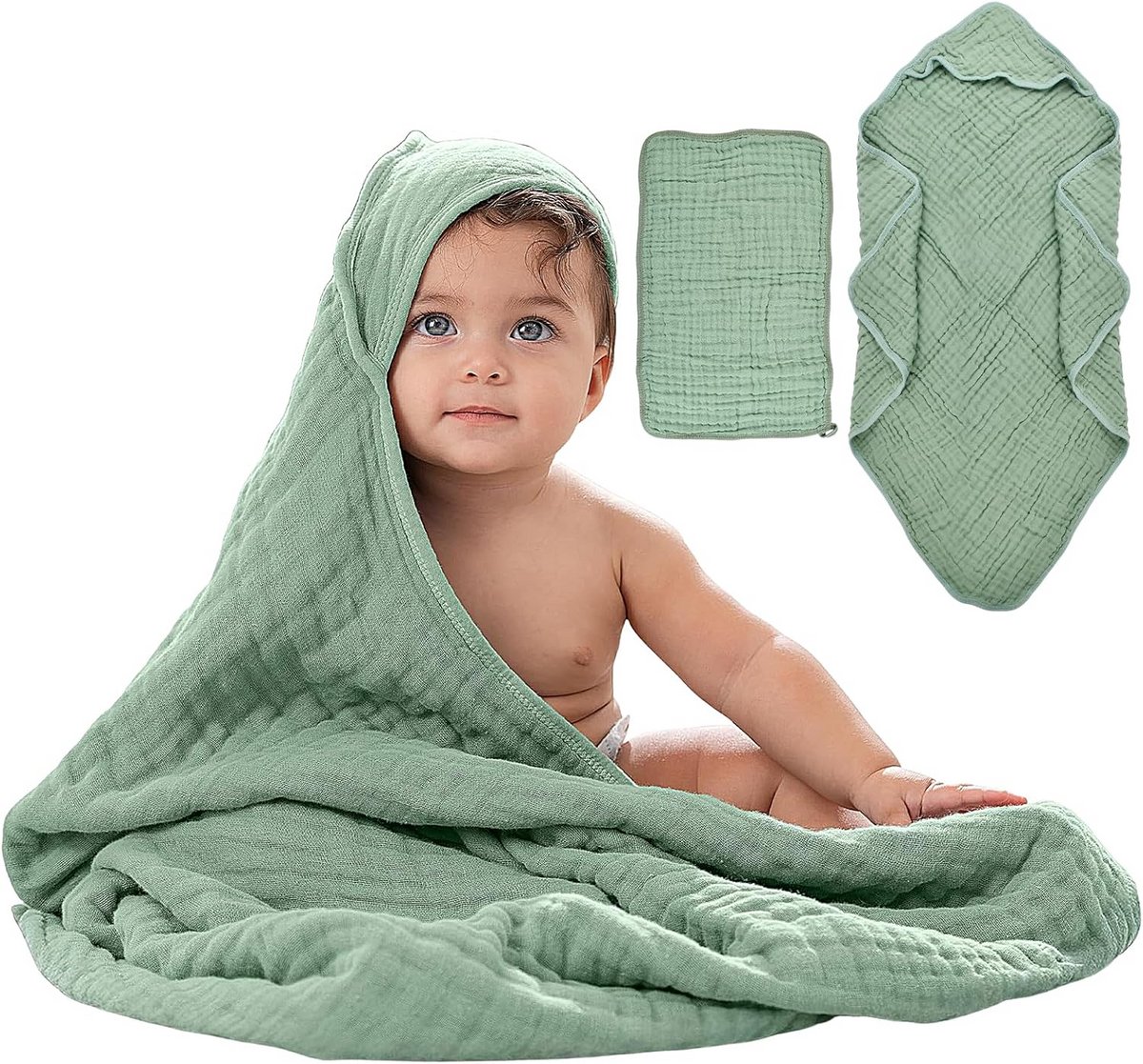 Baby Badjas met Capuchon - Baby Handdoek - Baby Warm Houden - 6-laags Mousseline - 90 x 90 cm - Muntgroen