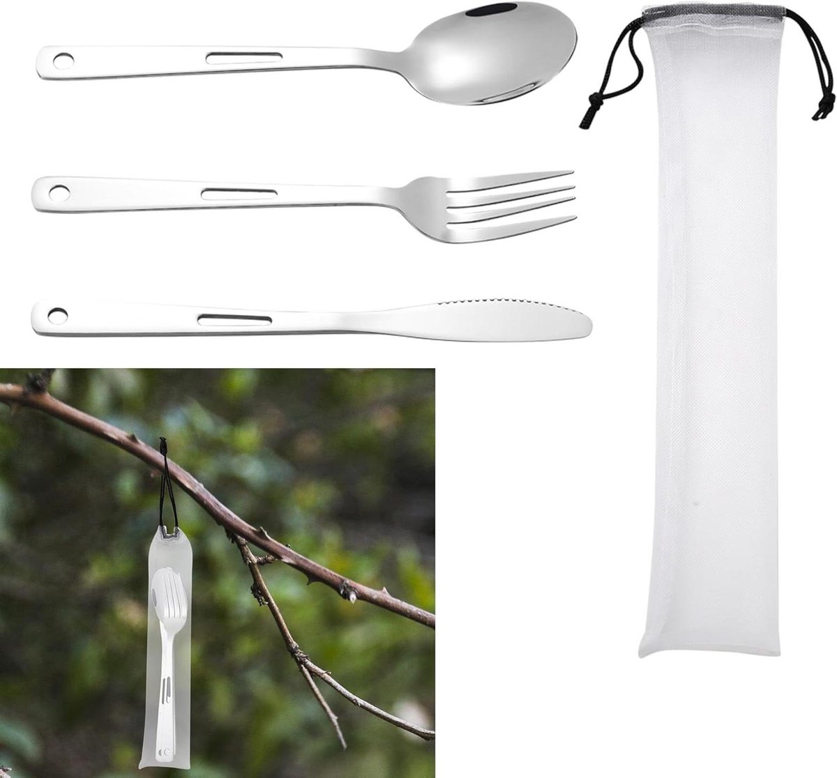Bestekset- RVS - Kamperen - 3-delig - Lichtgewicht - Duurzaam - Vaatwasserbestendig - Lepel - Vork - Mes - Zilverkleurig - Outdoor - Picknick - Reizen - Compact - Gemakkelijk mee te nemen