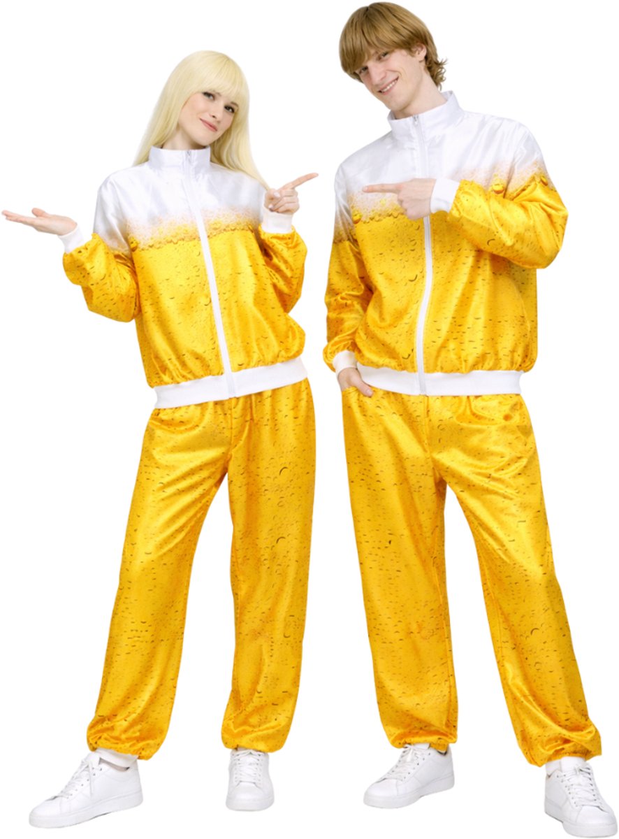 Joya Party® Retro Bier Trainingspak Volwassenen | Carnavalskleding Heren & Dames | Verkleedkleren Man Vrouw | Jaren 80 & 90 Stijl | Unisex Oversized | Verkleedpak | Carnaval, Halloween & Verkleedfeest | Bierpak | Bier Patroon | Maat XS/S