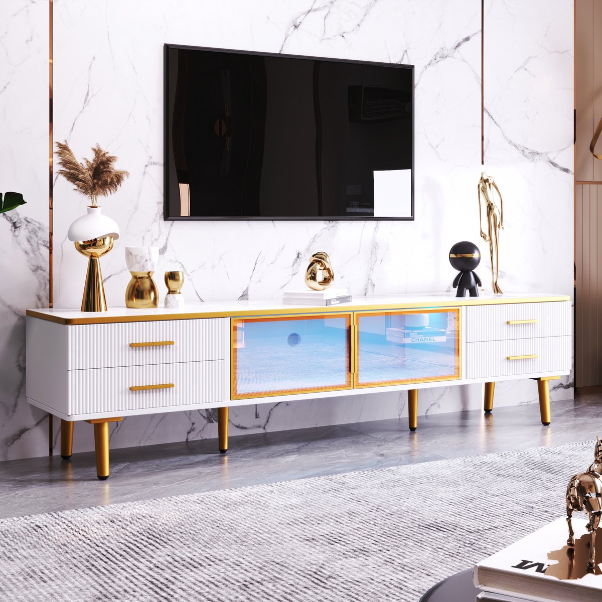 REDOM TV-meubel - Particle Board, gehard glas - met 4 lades en 2 deuren - 170*37*47,5cm White Wit