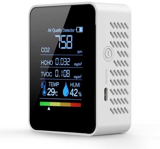 Namajunas - 5 in 1 Combimelder - CO2 meter - Luchtkwaliteitsmeter - Thermometer Binnen - Hygrometer - Formaldehyde Melder - Draagbaar - Met Display - Met kunstmatig Alarmgeluid En Testknop - Geschikt Voor Thuis, Restaurant, Hotel, Kantoor