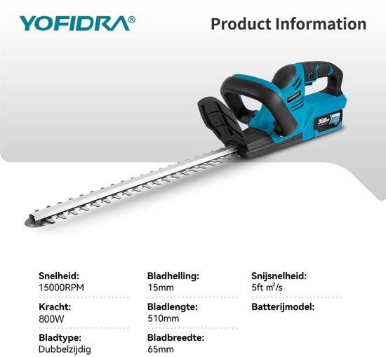Yofidra Accu Heggenschaar - 21V Accuheggenschaar - Dubbelwerkende - 51 cm Zwaardlengte - 65 mm Snijbreedte - mit 2x Accu’s - voor het snijden van takken, trimmen van Merkloos	 — afbeelding 3