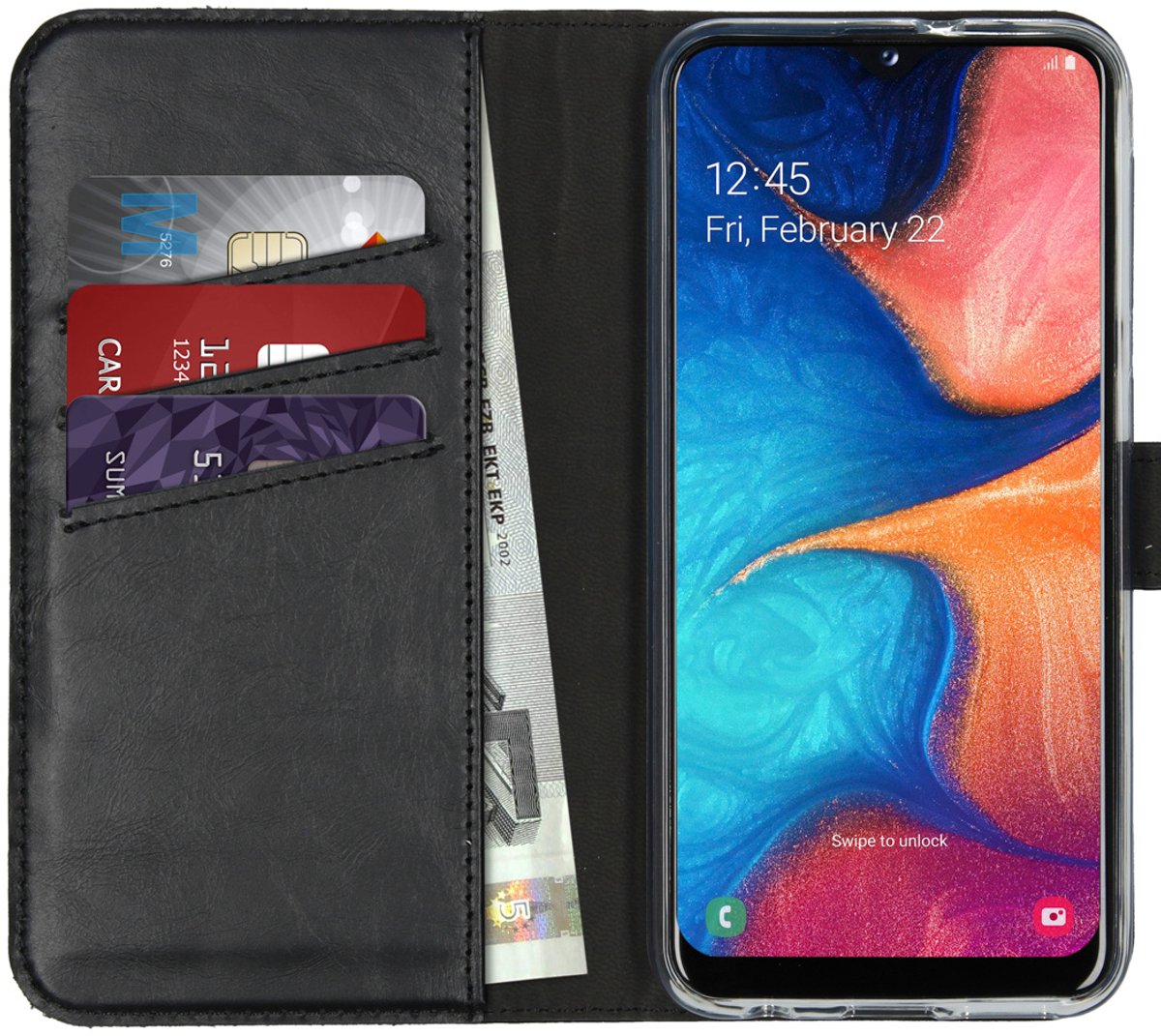 Selencia Hoesje - Geschikt voor Samsung Galaxy A20e - Echt Lederen Bookcase - Zwart