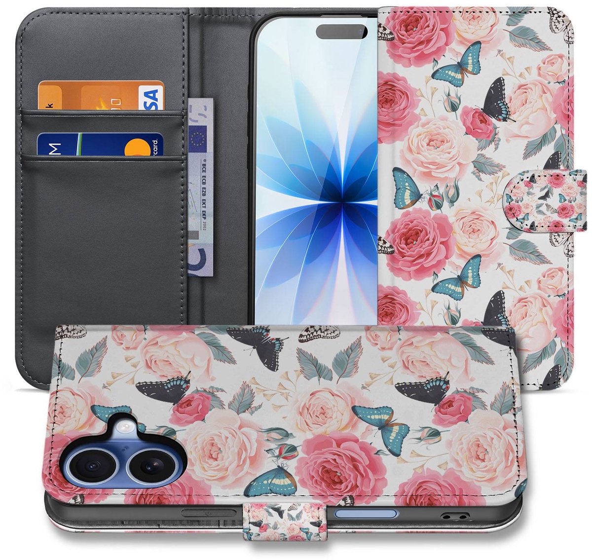 Apple iPhone 17 Bookcase Hoesje Roze Butterfly Roses Met Pasjes
