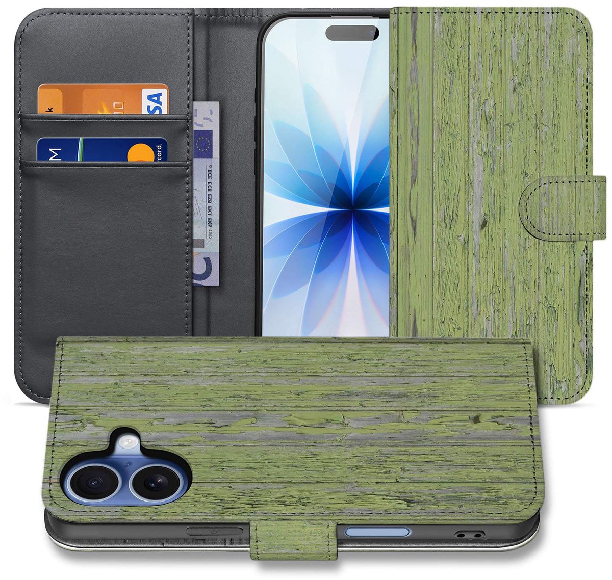 Book Case iPhone 17 Groen Houtnerf Met Pasjeshouders En Magnetische Sluiting