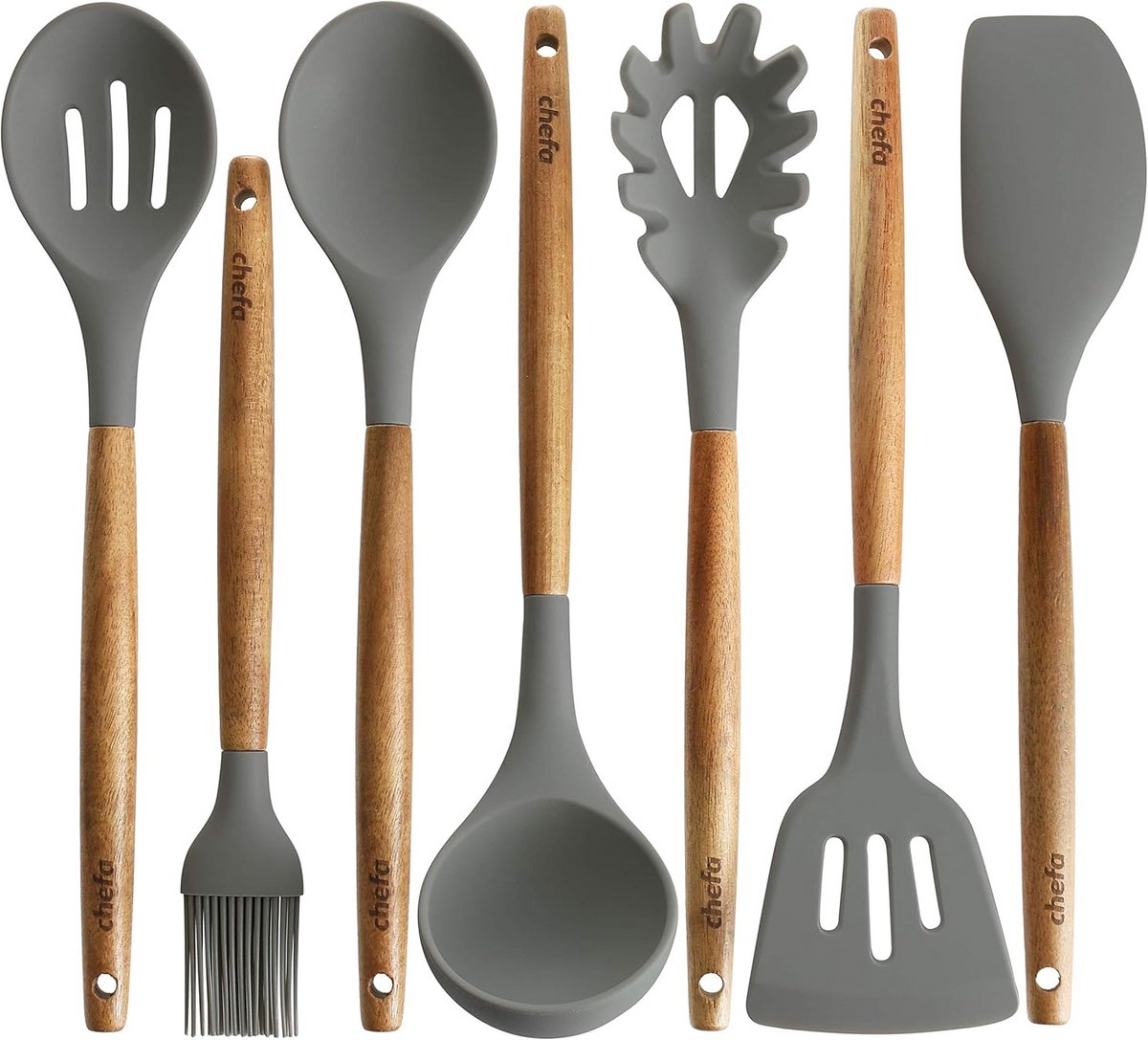 Complete Set Siliconen Kookgerei met Houten Handvatten - Hittebestendig en Anti-Aanbak