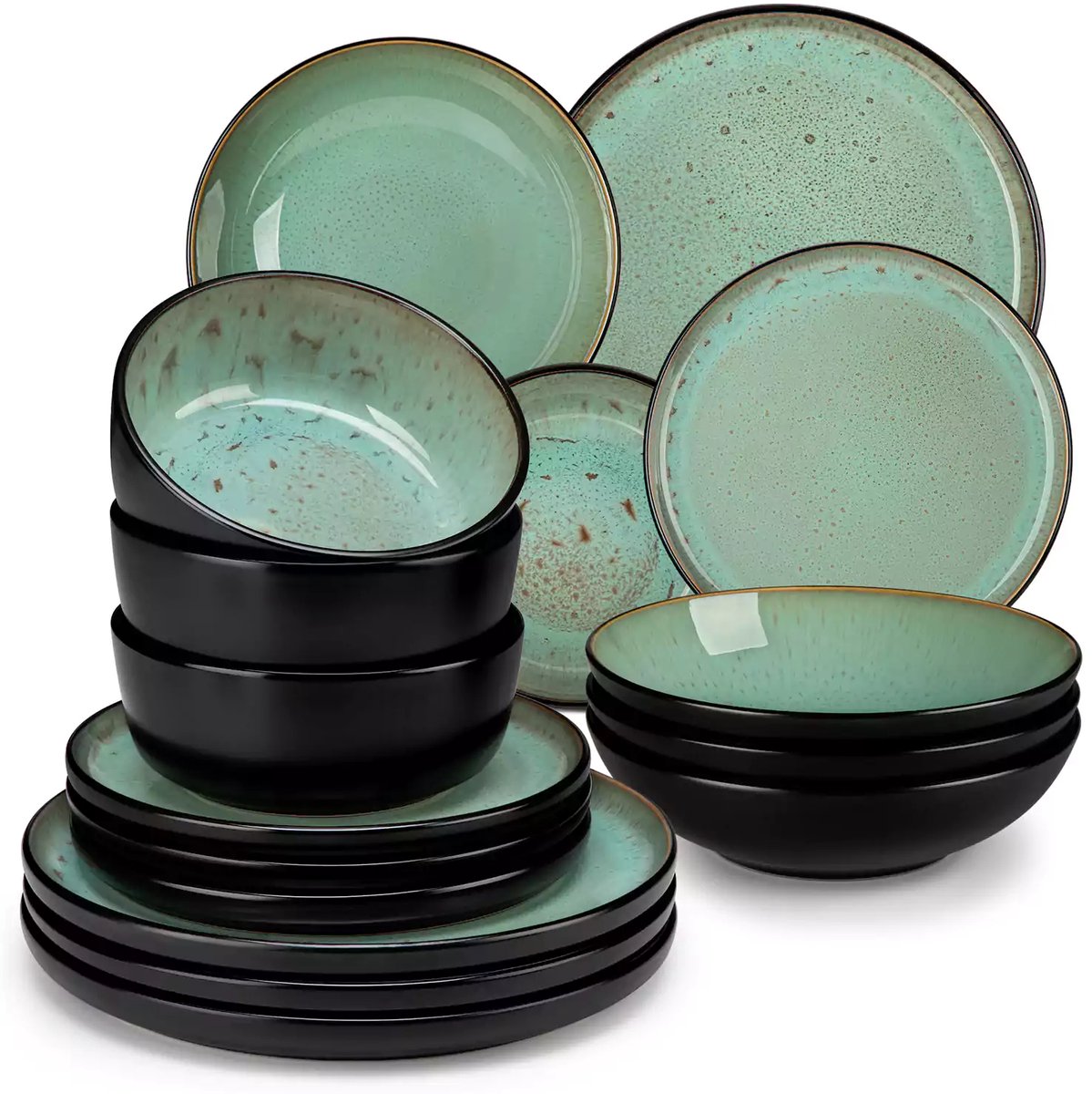 Luxe Serviesset – 16 delig – 4 persoons – Steengoed - Bordenset – Dinner platen – Dessertborden - Kommen - Pastabord - Groen
