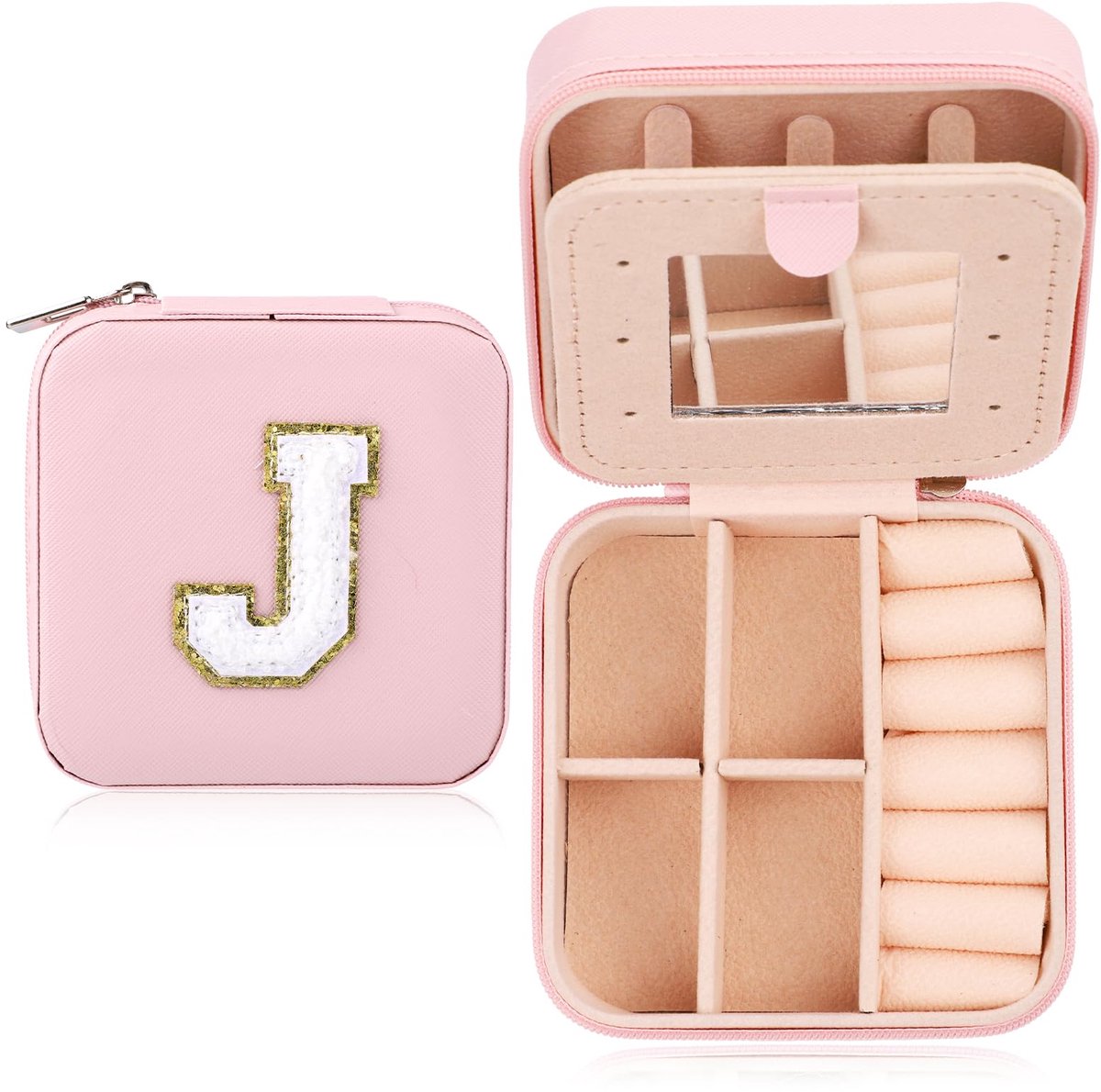 Reissieradendoos, draagbare mini-sieradendoos, leren kleine sieradenorganizers met prachtige letters voor vrouwen en meisjes, reisbenodigdheden (letter J)