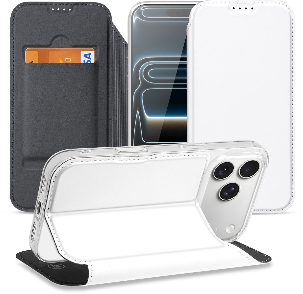 iPhone 17 Pro Stand Case Hoesje Wit met Kaartvak en Magneetsluiting