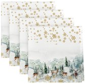 Lot de 4 serviettes de table de Noël en tissu, motif flocons de neige dorés, sapins et cerfs, 45 x 45 cm, réutilisables, pour décorer votre table de Noël, vos repas d'hiver ou vos fêtes.