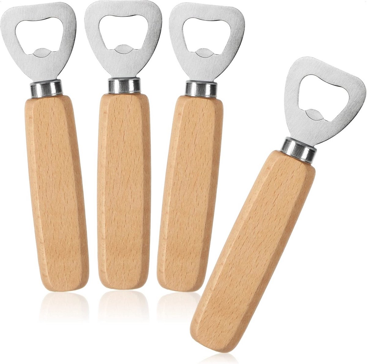Ergonomische flesopener van roestvrij staal met beukenhouten handgreep - set van 4