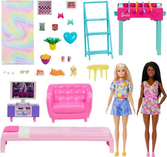 Barbie Speelkamer met 2 poppen en allerlei accessoires -Bed - Bank - Huisdieren - Tafelvoetbal - Kast - Eettafel - Televisie — afbeelding 5