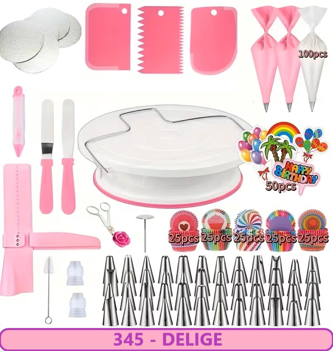 LivingHub Taart Bakken Set 345-delig – Taartdecoratie Set met Taartplateau, Spuitmondjes, Spuitzakken, Taartzag & Cupcake Vormpjes – Bak Accessoires voor Beginners & Professionals