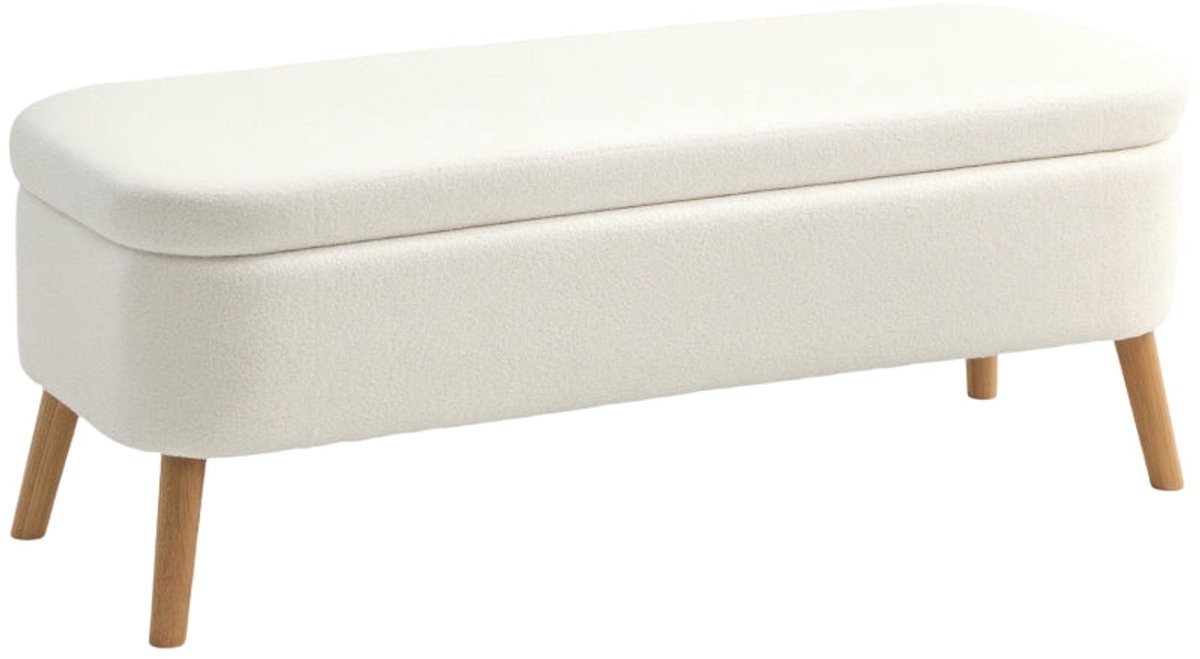 Merax Opbergbank met 65 L Opbergruimte - Comfortabele Fleece Zithocker met Schuimvulling - Houten Poten - Voetenbank en Bankje voor Woonkamer of Slaapkamer - Creme Wit - 220 kg