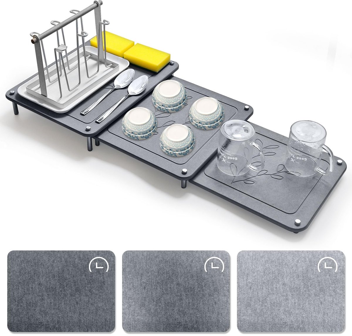 Unyqoos® Waterabsorberende keukenmatten set van 3 voor servies en flessen