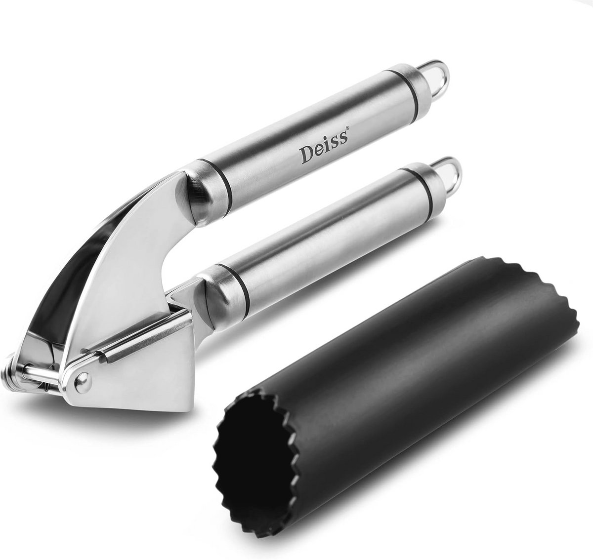 RVS Knoflookpers en Siliconen Schillen Set - Afwasmachinebestendige Knoflookvleesmolen