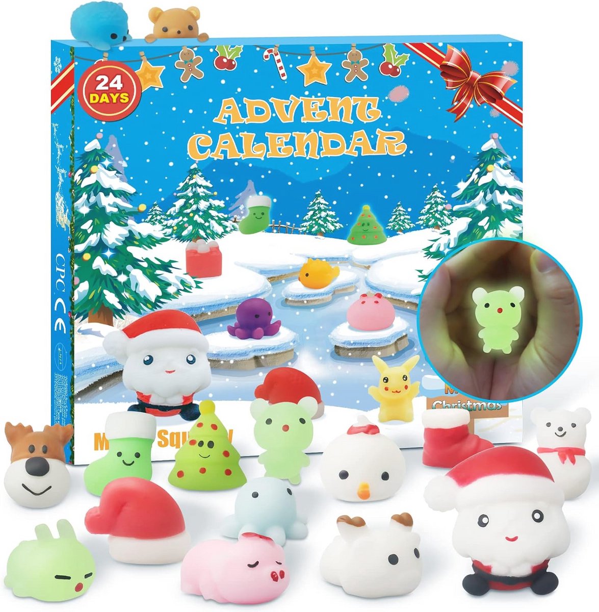 Adventskalender 2024 met 24 Luminous Mochi Squishies voor Kinderen - Leuk en Charmant voor Kerst