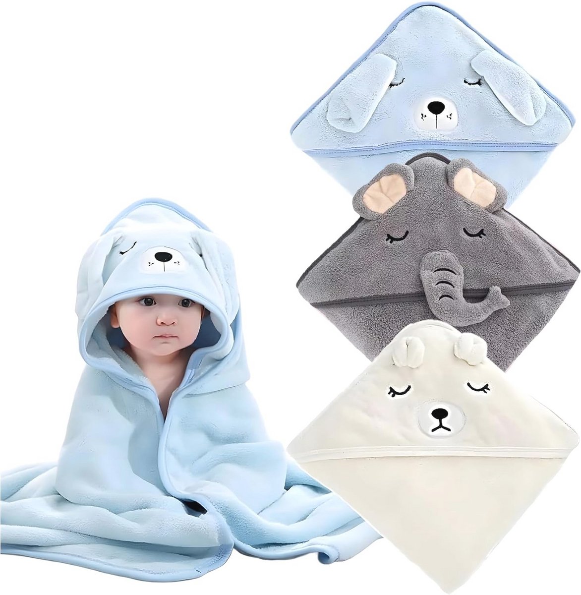 Babyhanddoeken met capuchon - 3 stuks, 80 x 80 cm, zachte en absorberende badhanddoek voor baby's