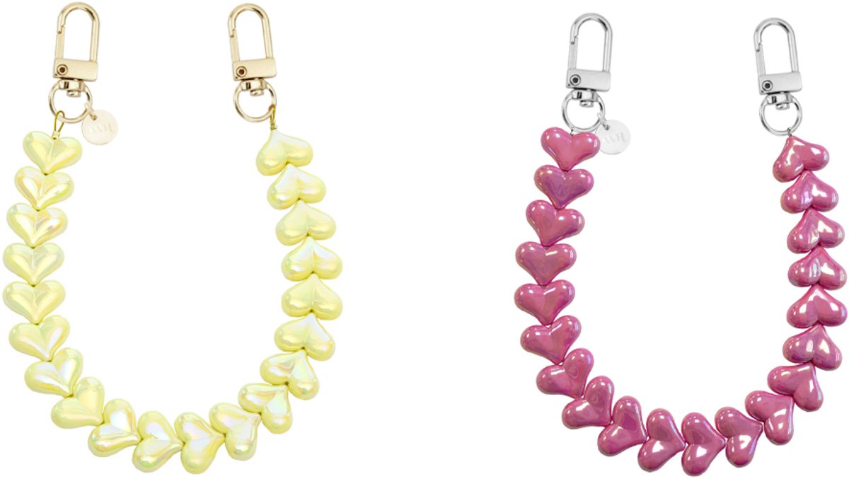 xoxo Wildhearts Telefoonkoorden Funky Hearts Charm Cord Yellow Metallic + Funky Hearts Metaal Fuchsia – geschikt voor iPhone / Samsung