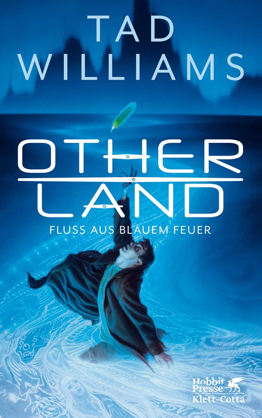 Boekomslag van 'Otherland 2 - Fluss aus blauem Feuer' door Tad Williams. Een man in een bruine jas springt uit het water, terwijl een veertje naar de titel zweeft.