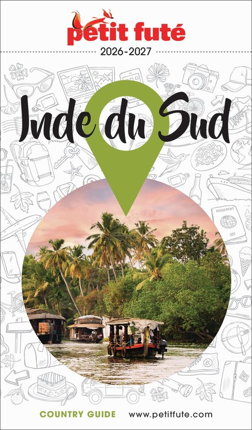Page de garde 'Petit Futé Inde du Sud', avec des bateaux sur une voie navigable entourée de palmiers.