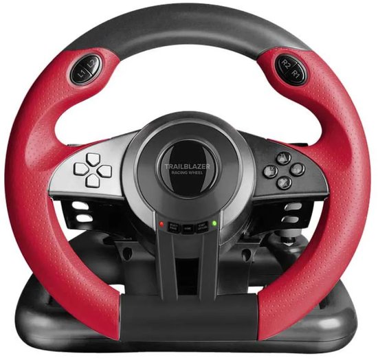 Zwart race stuur met rode grip en knoppen.