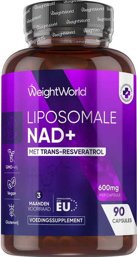 Bruine fles met WeightWorld Liposomale NAD+ 600mg, 90 capsules, met GMO-vrij, vegan en glutenvrij iconen.