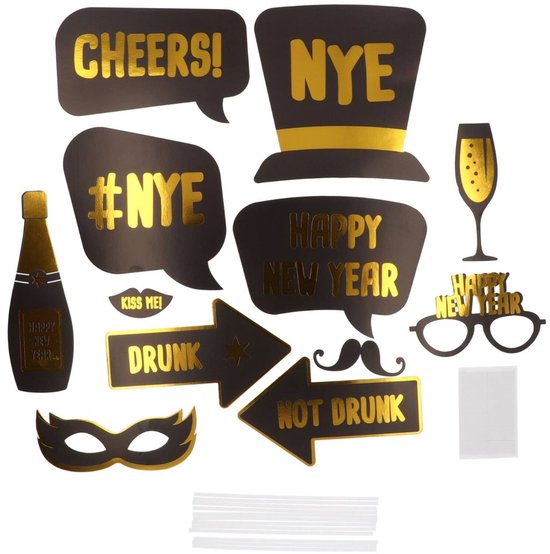 Set van 12 feestelijke Nieuwjaar fotohokjesaccessoires met teksten als "Cheers!", "NYE", "Happy New Year", fles, masker, bril, snor.
