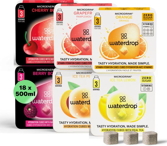 waterdrop® Microdrink Proefpakket – 18 Bruistabletten ipv Siroop – 6 Smaken – Suikervrije Frisdrank – Vegan – Voor meer dan 10 Liter Calorievrij Drinken - CHERRY BOOST & BERRY BOOST met 90 mg cafeïne