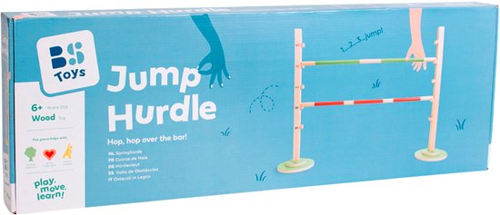 Verpakking van de 'Jump Hurdle' houten hindernisbaan met illustraties van springende kinderen.