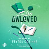 Boekomslag met de titel 'UNLOVED Roman' en 'undone #2 PEYTON CORINNE'. Een open boek toont een foto van twee mensen, met daarnaast een ijshockeypuk en een stick.