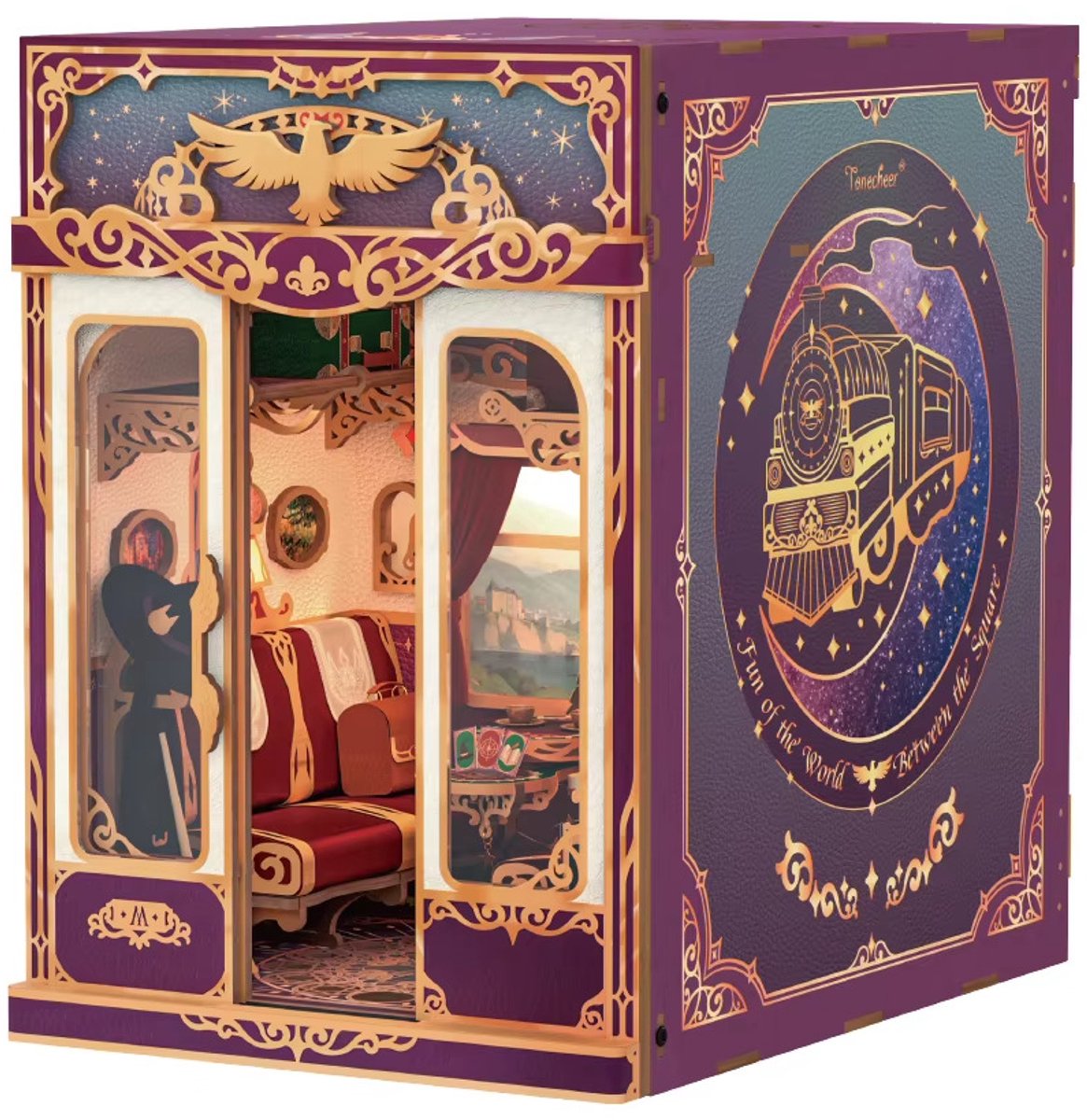 Tonecheer Magical Journey Book Nook Bouwpakket - Modelbouw - 15,8 x 22,4 x 22,5 cm - Houten 3D Puzzel - Boekensteun - LED-licht - Bewegingssensor Licht - Boekenhouder