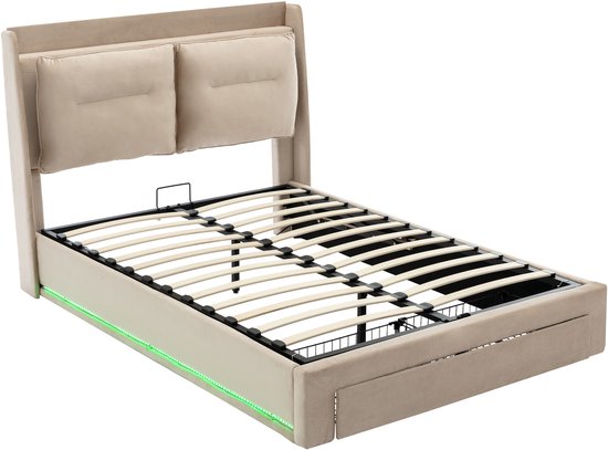 Lit rembourré OKWISH 140x190 cm – Lit double LED avec système de rangement hydraulique – Tiroirs – Velours – Beige