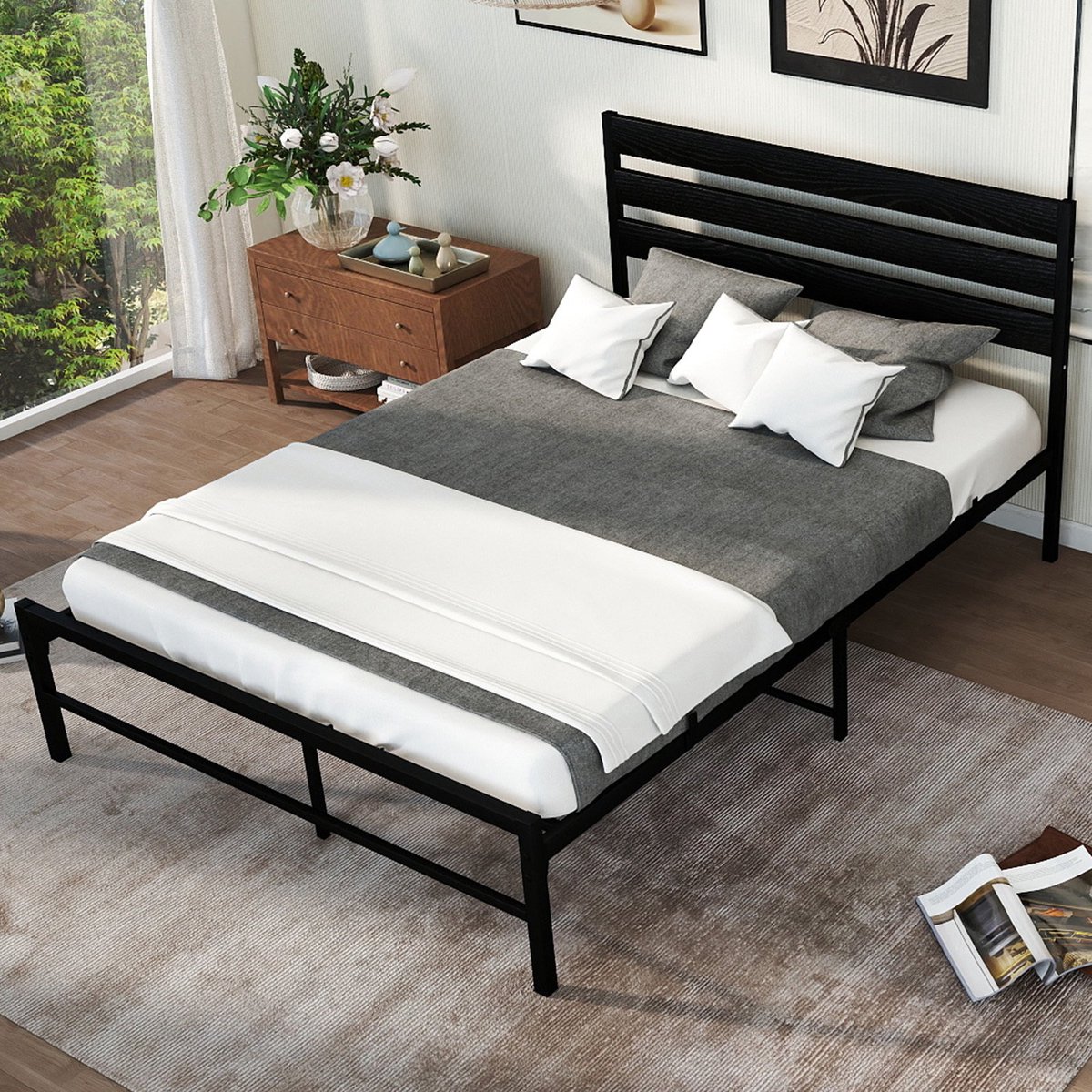 MODFU Metalen Bedframe 90x200 cm – 206,5x91x96 cm – Met stalen latten & 27 cm opbergruimte – Zwart – Stille constructie – Slaapkamer