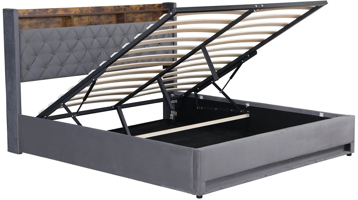 MODFU Gestoffeerd Tweepersoonsbed met LED 160x200 cm – 216x162,5x117 cm – Meerkleurig hoofdbord – Hoog frame – Fluweel grijs – Master bedroom