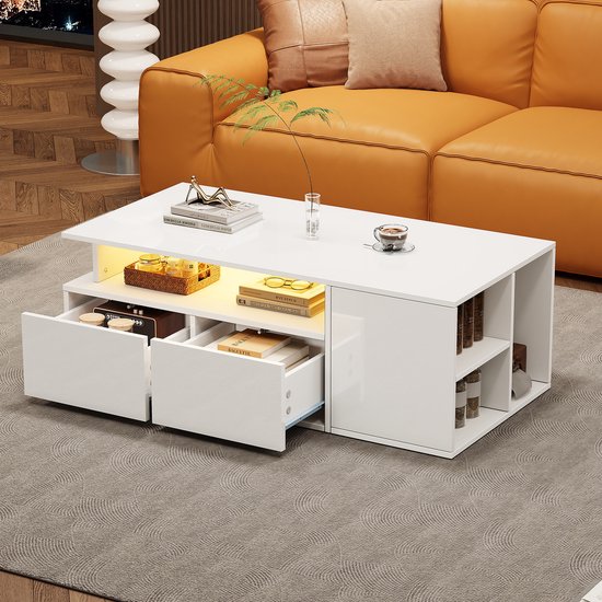 Tables basses STILVORA Salon - Table basse avec éclairage LED et 2 tiroirs - Port USB + Solide 60kg - Table de salon - 100x50x35 cm - Panneau de particules - Blanc