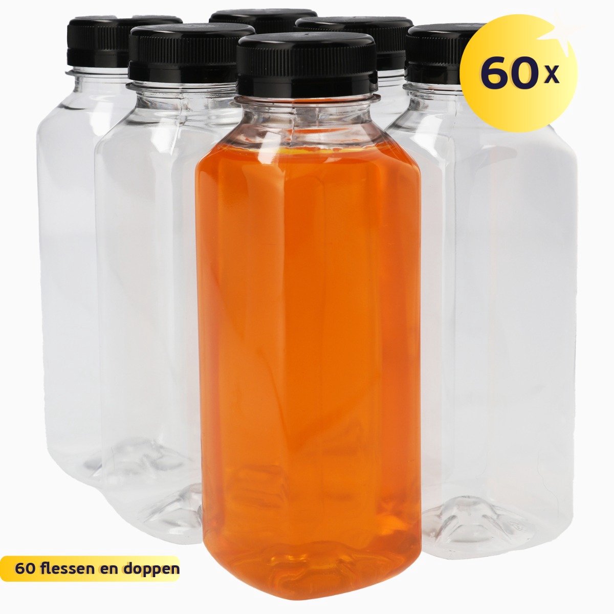 60 x Sapfles Plastic 330 ml - Vierkant - PET Flessen met Dop zwart- PET Kunststof BPA-vrij - Plastic Flessen Navulbaar - Met Dop - Lege Flessen - 60 stuks