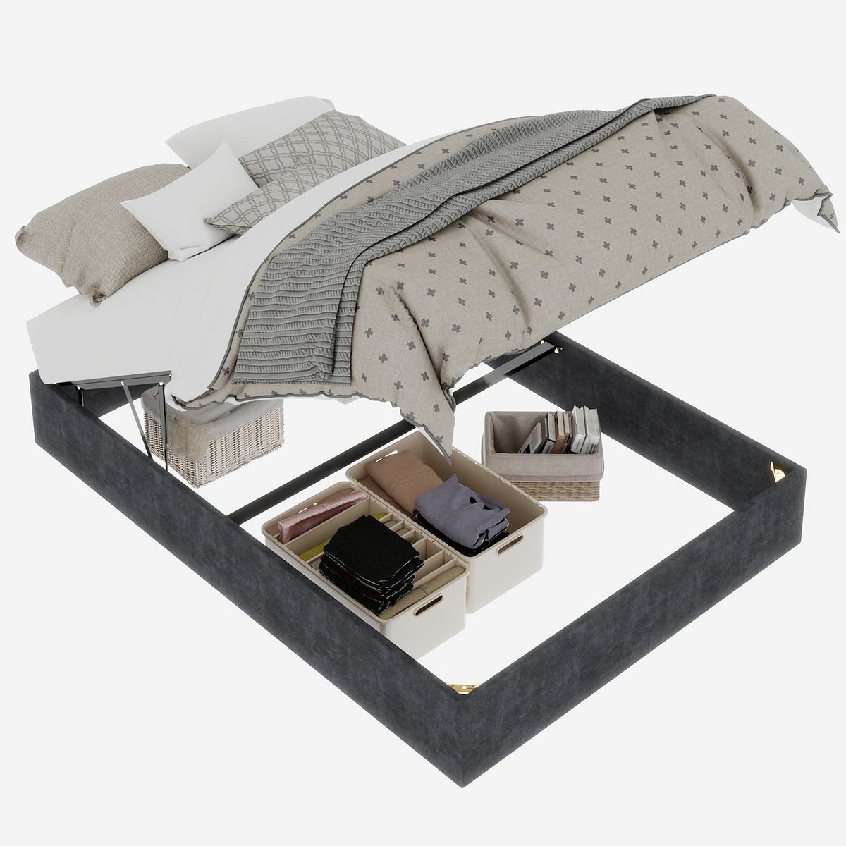 Merax Bedframe 140x200 - Fluwelen Stof Grijs - Bed met Opbergruimte met Gaslift - Gestoffeerd - Metalen Frame - Houten Lattenbodem - Zonder Hoofdbord en Matras
