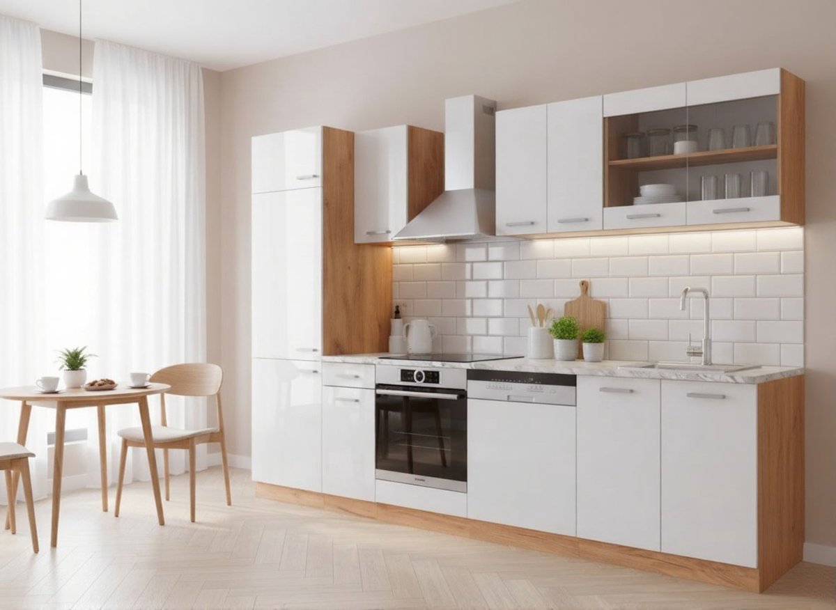 R-Line Keukenunit Keukenblok 300 cm wit hoogglans / goldkraft eiken met Marble-wit werkblad, stofdicht, modern design, onderkasten 46 cm diep, verstelbare poten – Novihome